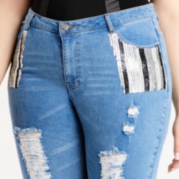 New Plus Size Women’s Ladies ASHLEY STEWART Sequin Distressed Skinny Denim Jean - Picture 2 of 6
